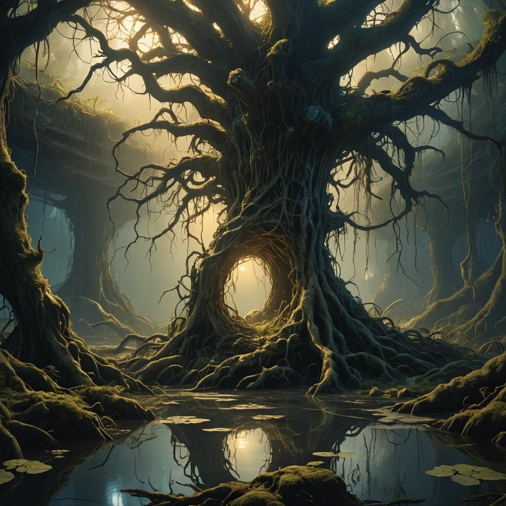 Eerie Rabbit Hole in Decaying Swamp, Mystical Concept Art