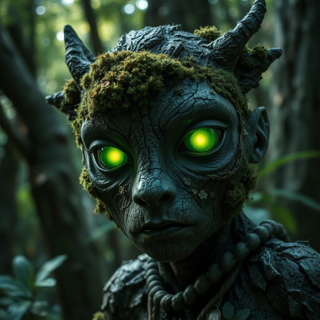 Enchanted Forest Guardian with Radiant Green Eyes
