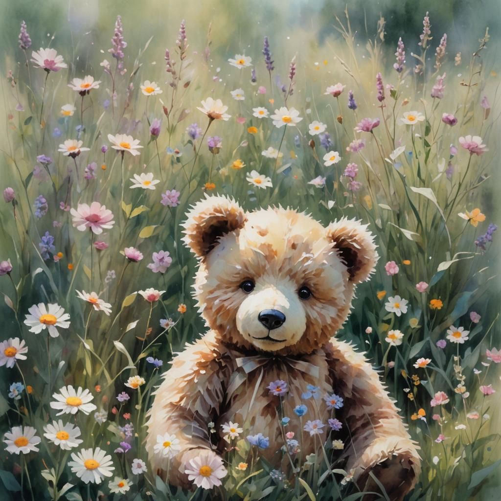 Teddy Bear in Flower Field, Watercolor Impressionism