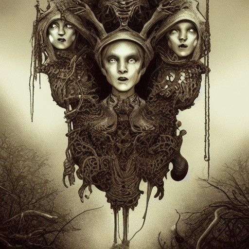 Unsettling Surreal Horror Rendering of the Three Fates