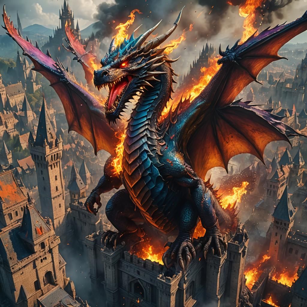 Fiery Dragon Over Burning Castle: Fantasy Art