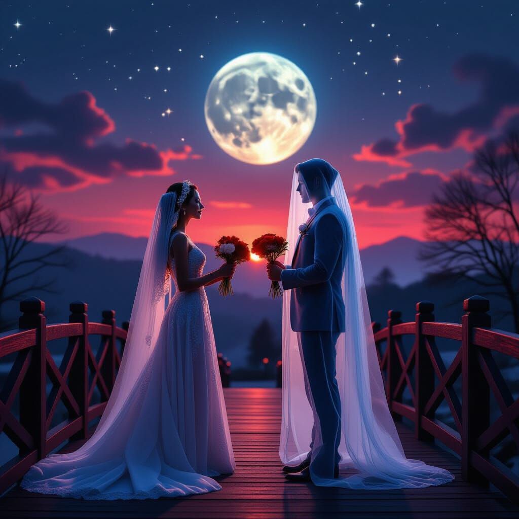 Ghostly Couple Exchanging Flowers on Moonlit Bridge