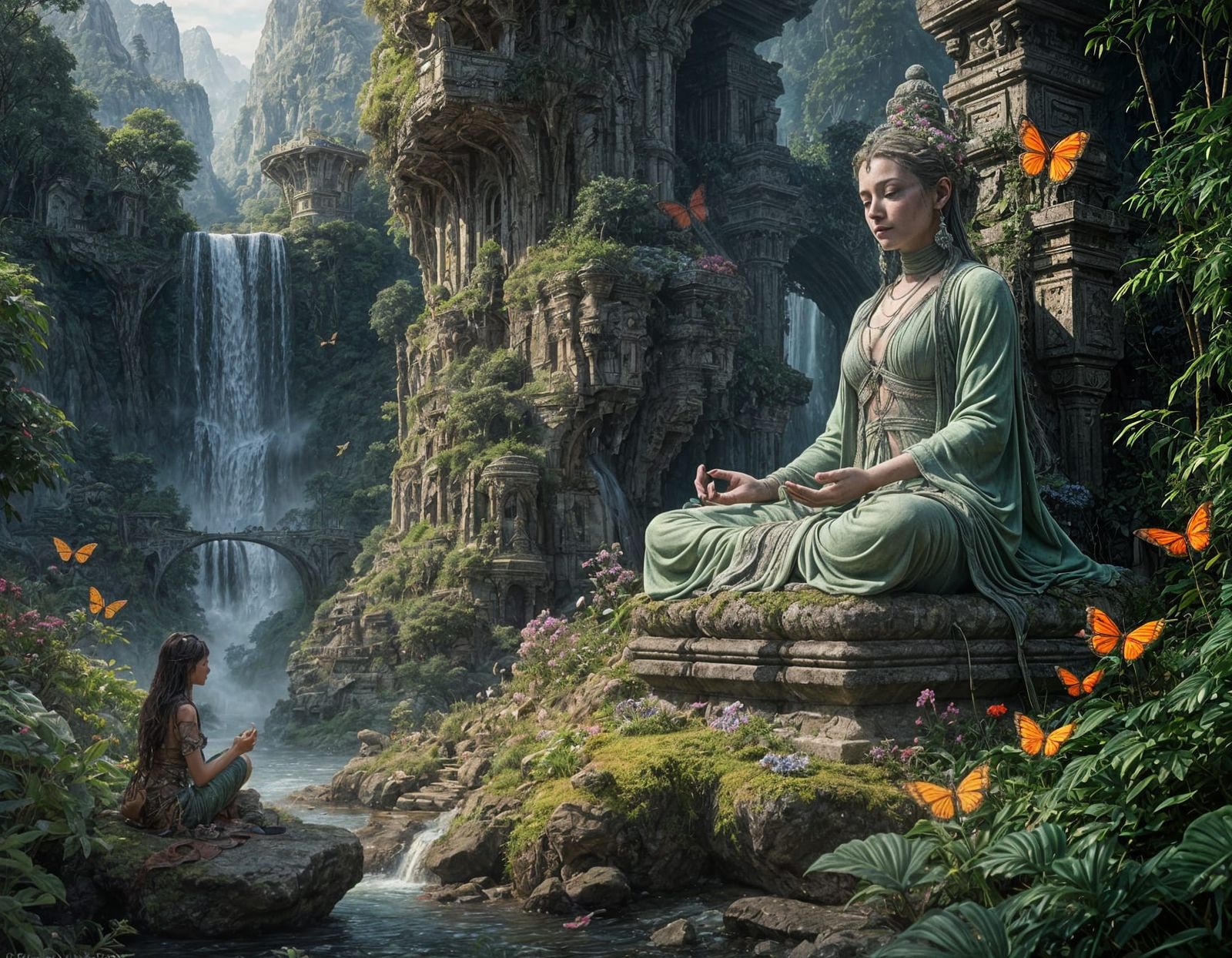 Majestic Stone Goddess Surrounded by Whimsical Fantasy Lands...