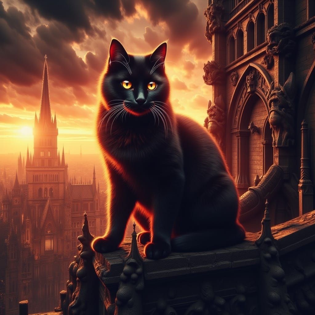 Regal Black Cat on Gothic Cathedral in Film Noir