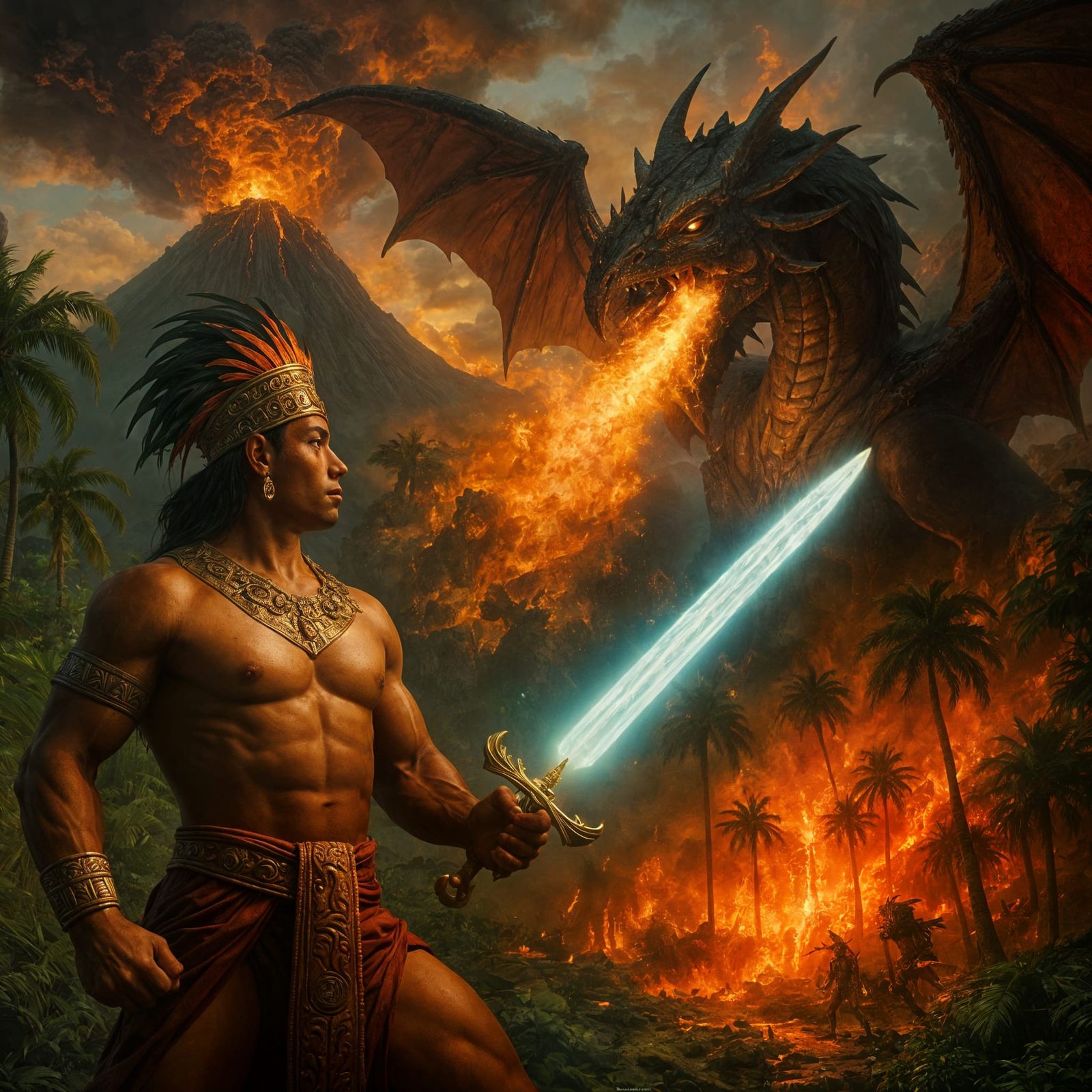 Warrior Faces Dragon in Burning Rainforest