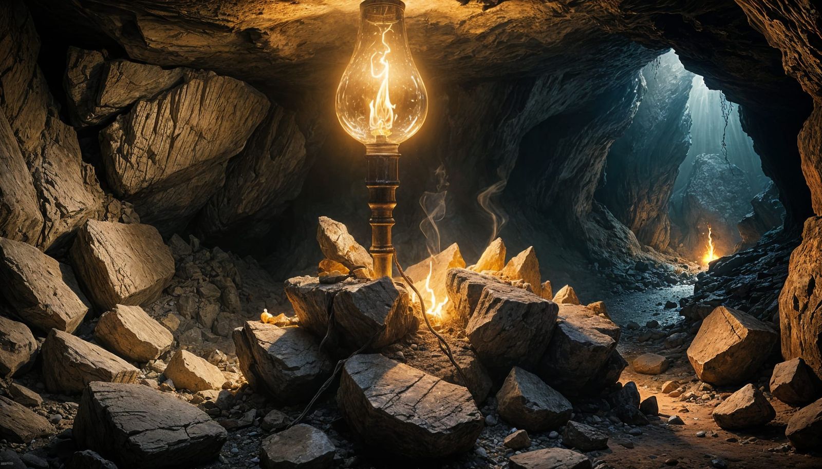 Dimly Lit Cave Interior with Smoking Lamp
