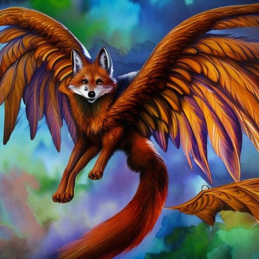Fox with Wings in Gouache Style
