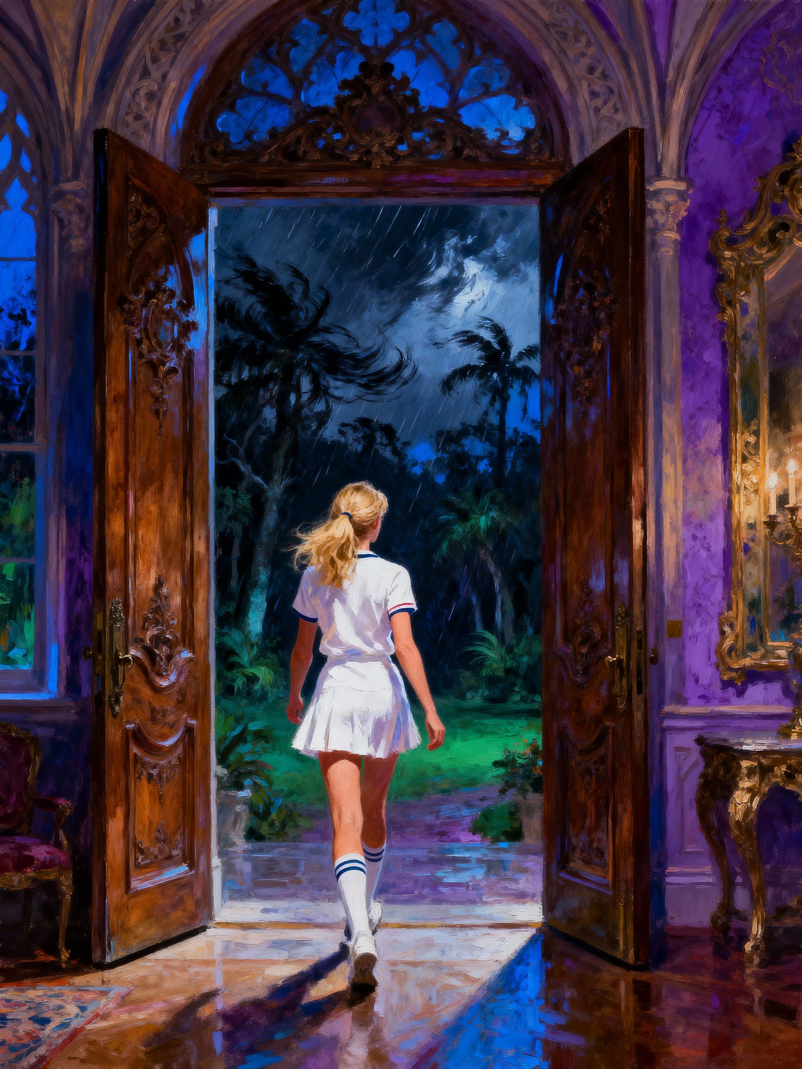 Woman Enters Dark Forest from Gothic Mansion Hall