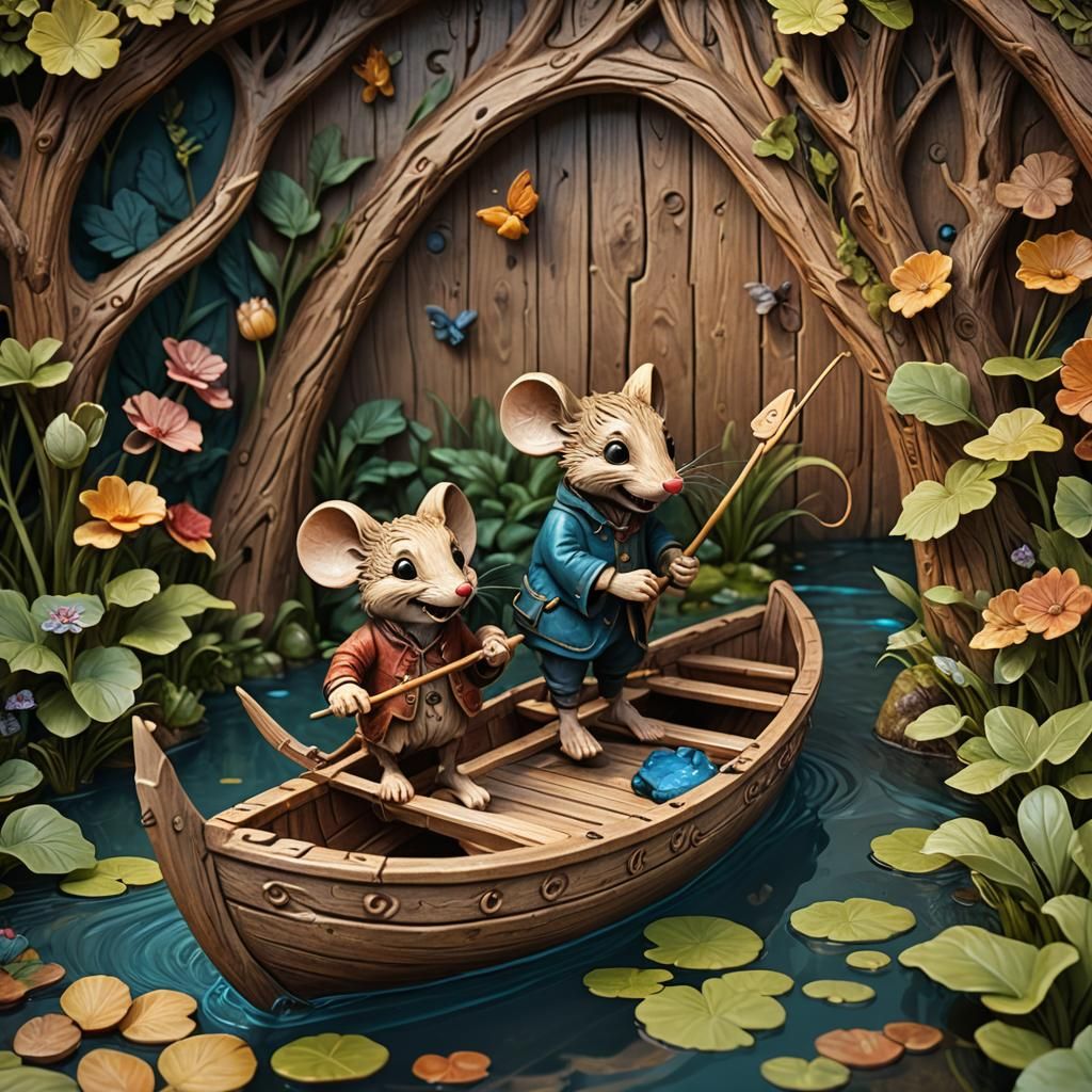 Hand-Carved Wooden Mouse Fishing in Pond