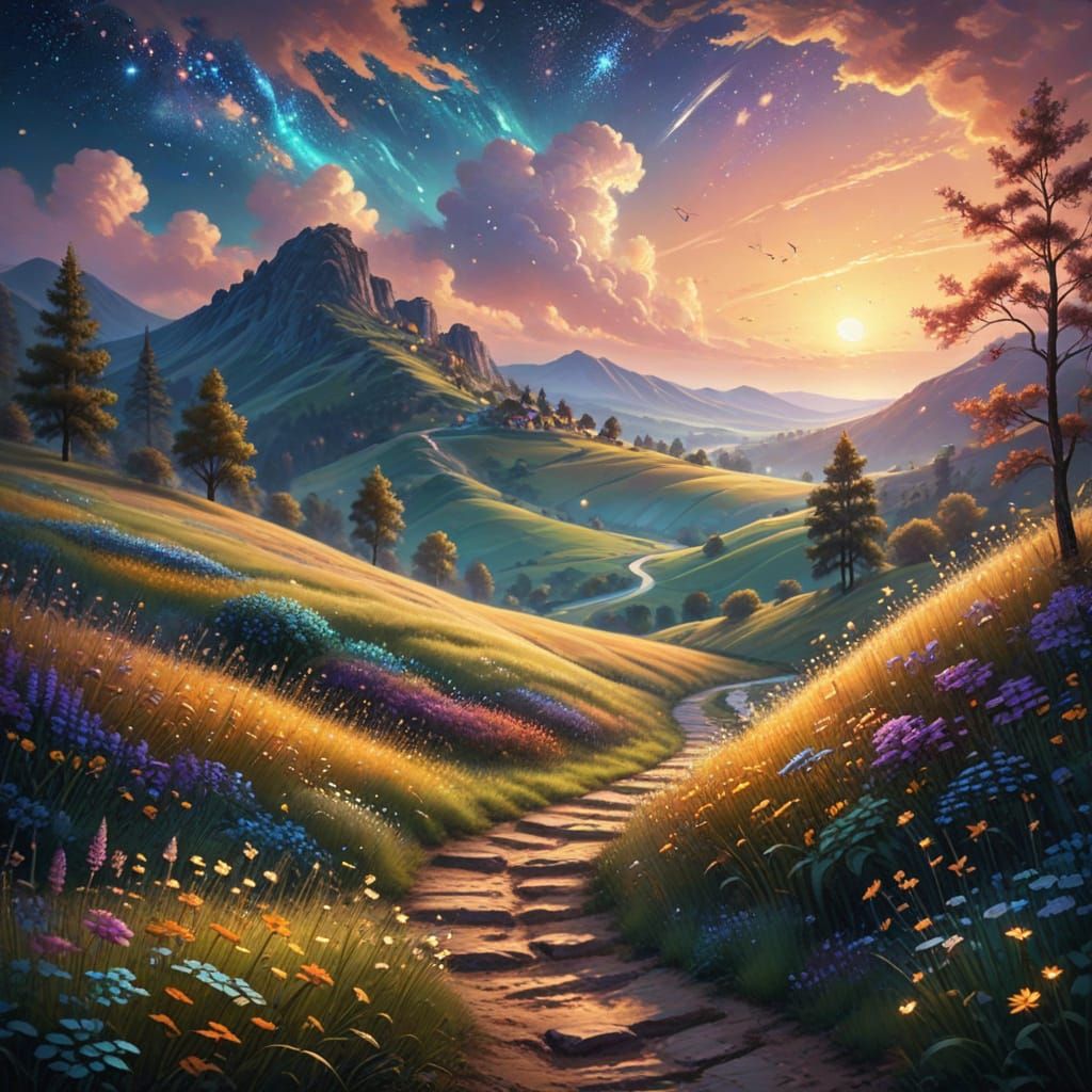 Whimsical Summer Evening Landscape with Sparkling Fireflies
