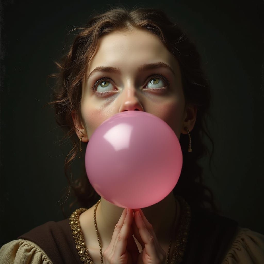 Medieval Woman Blows Hyper-Realistic Bubblegum Bubble in Dar...