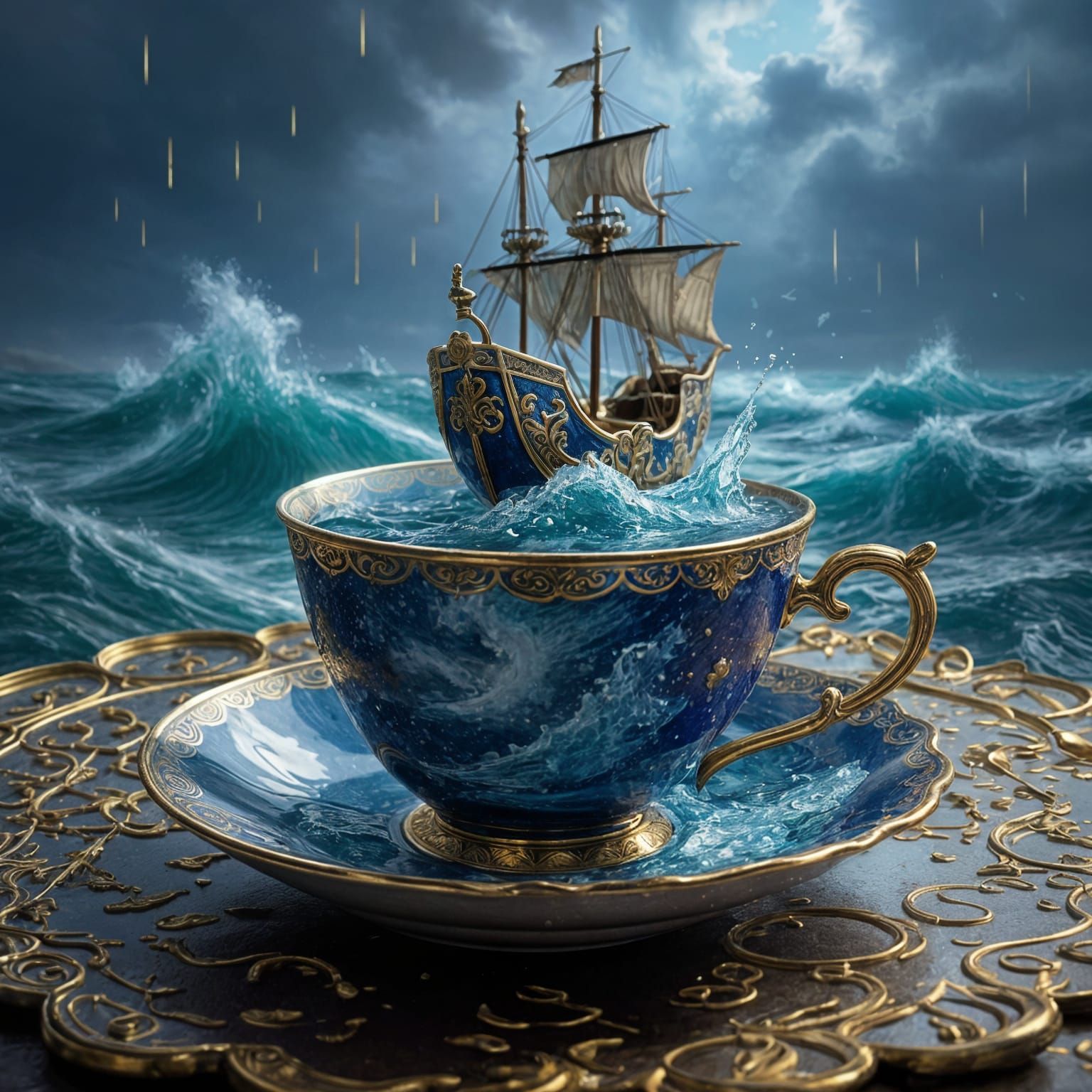 Stormy Sea Inside Teacup with Galleon
