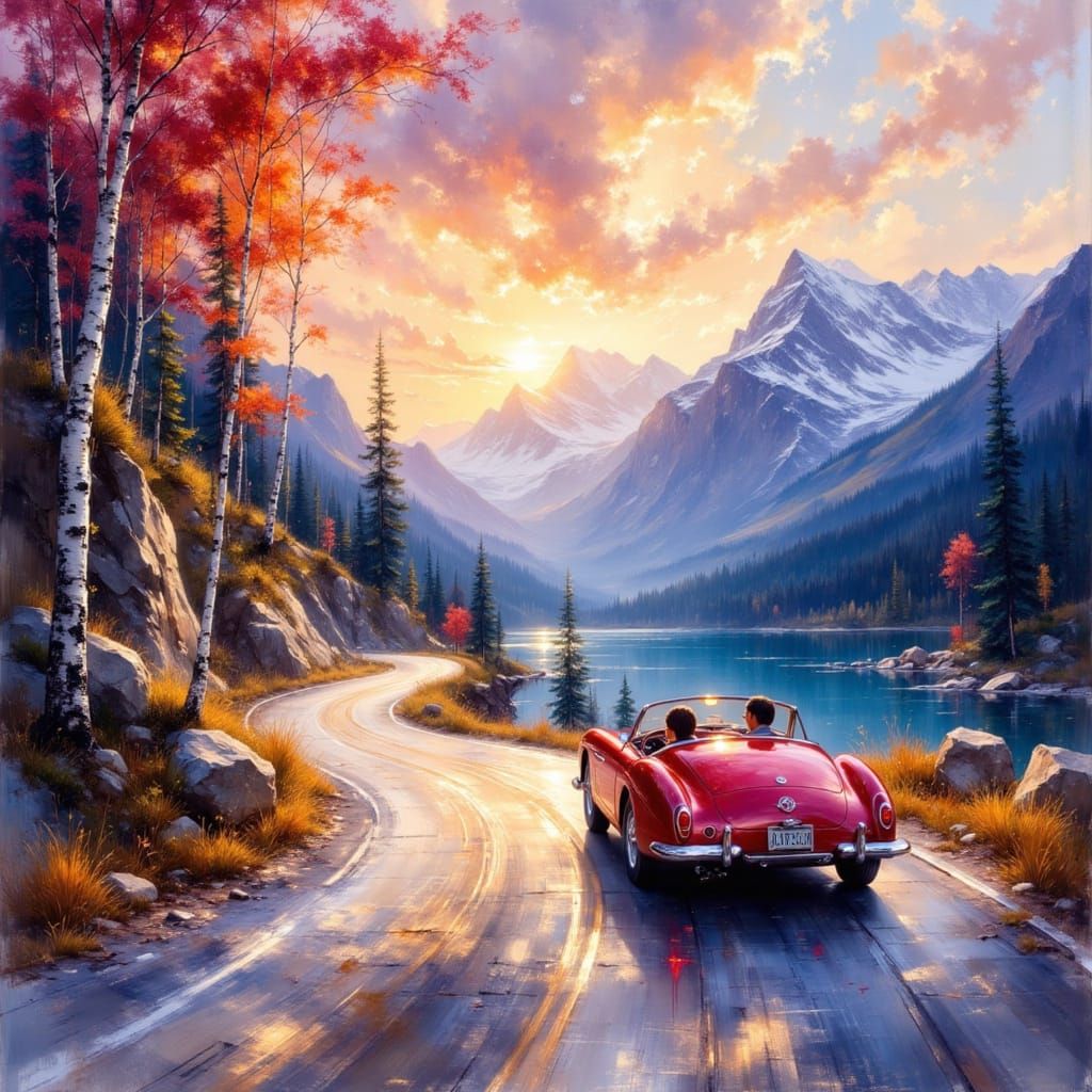Vintage Car on Mountain Road Impasto Painting