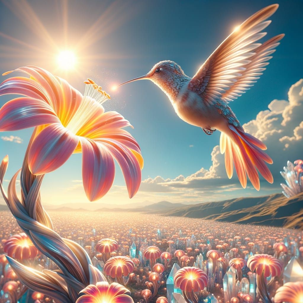 Hummingbird Amidst Glowing Crystals in Vibrant Floral Scene