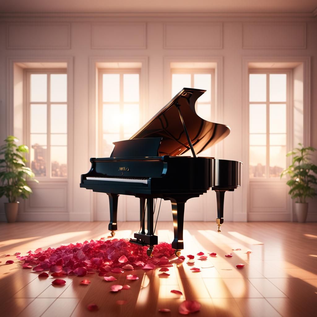 Rose Petal on Piano Key in Luminous Digital Art