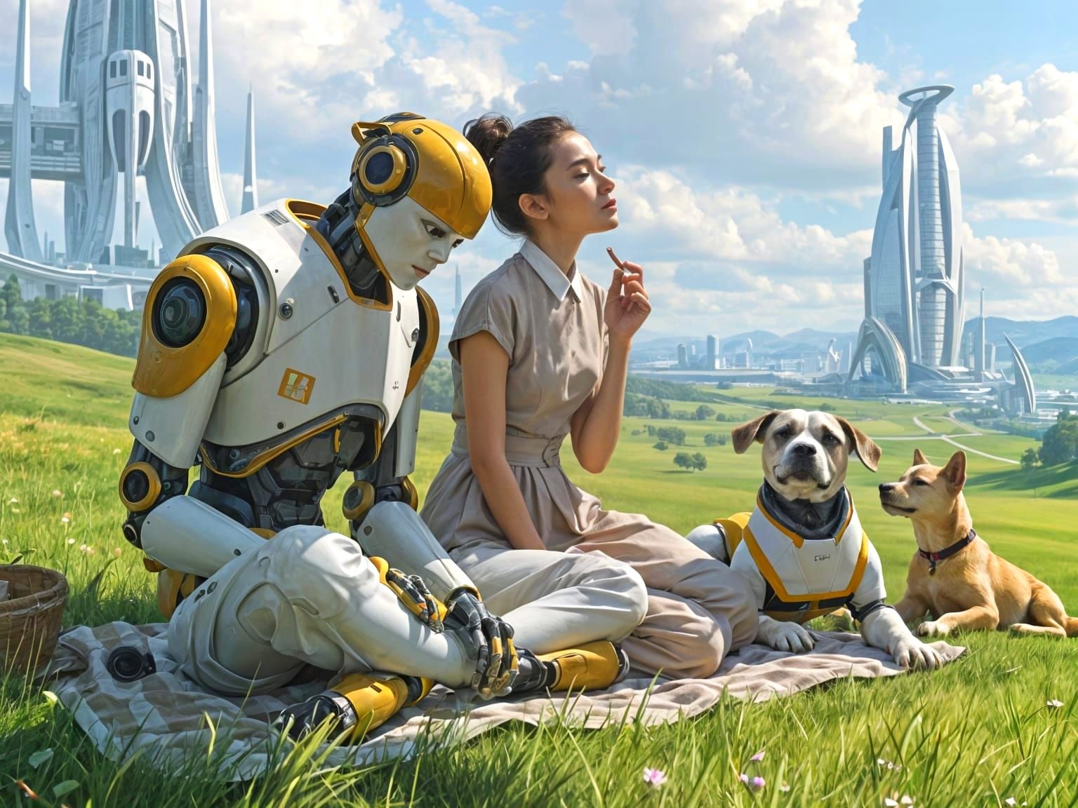 Man and Android Enjoy Picnic with Futuristic City View