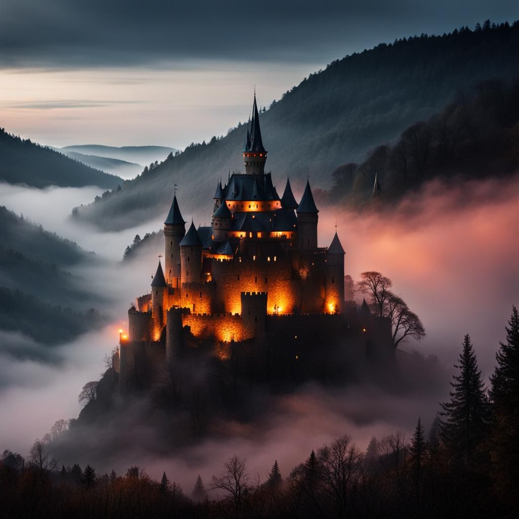 Eerie Demon Castle in Fog-Shrouded Valley