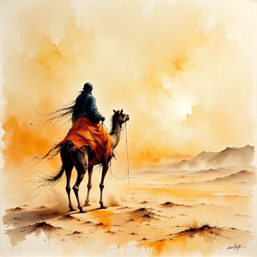 A touareg walking alone in a harsh desert