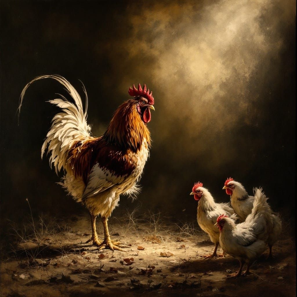Dramatic Rooster Emerges from Warm Darkness in Chiaroscuro S...