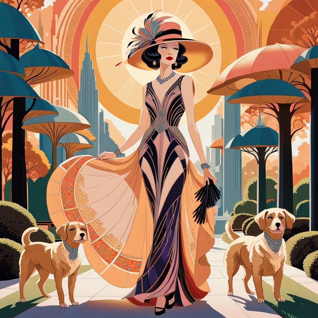 art deco woman wearing an elegant gown and an fashionable ha...