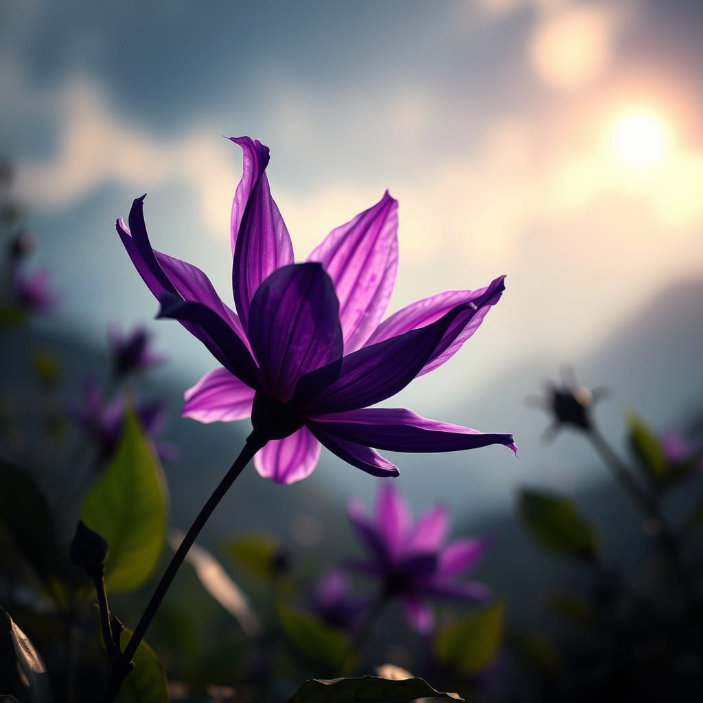 Mystical Silhouette with Violet Flower, Detailed Concept Art