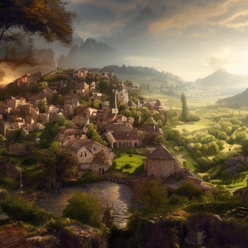 Epic Medieval Village Landscape Illustration in 4K