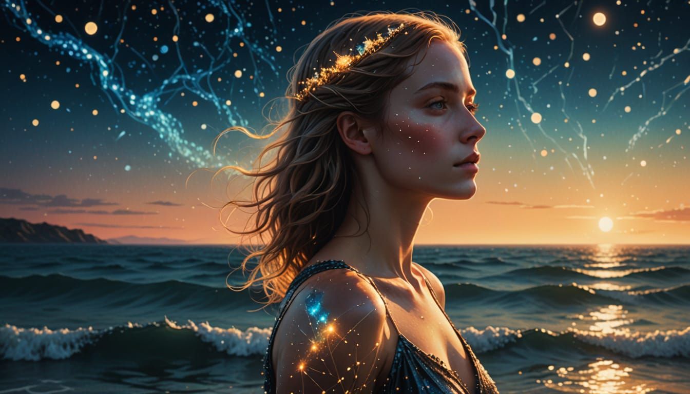 Luminous Figure Adrift in Starlit Ocean: Surreal Digital Art