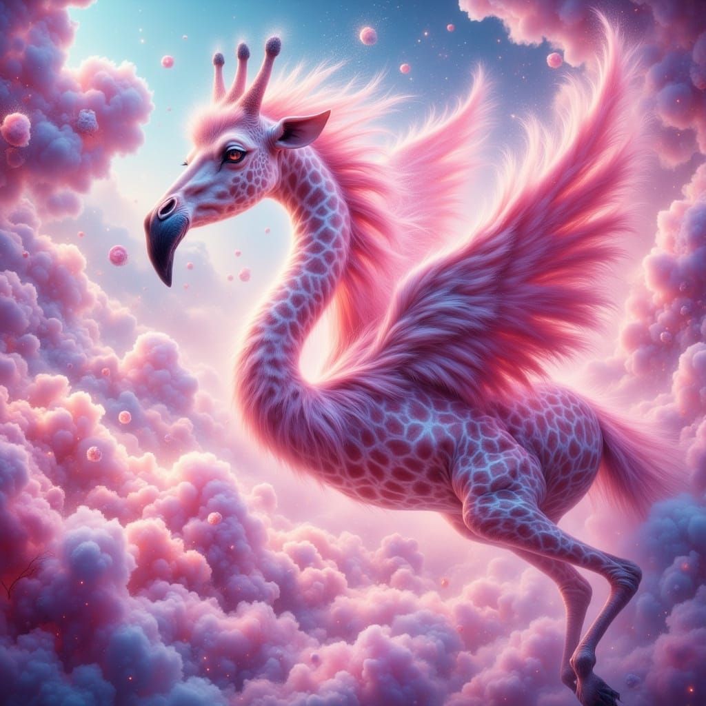 Surreal Flamingo-Giraffe Leaps Through Whimsical Cotton Cand...