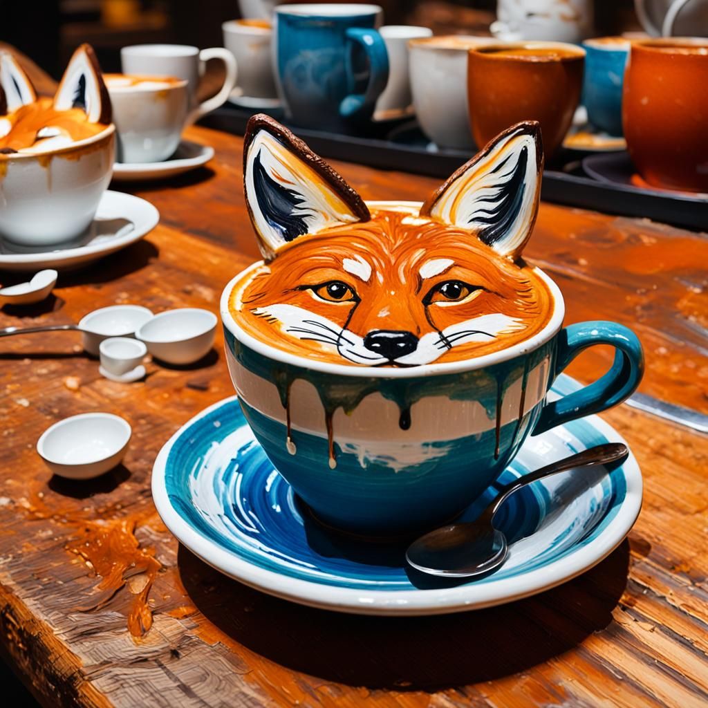Fox Latte Art in Impressionist Gouache Style