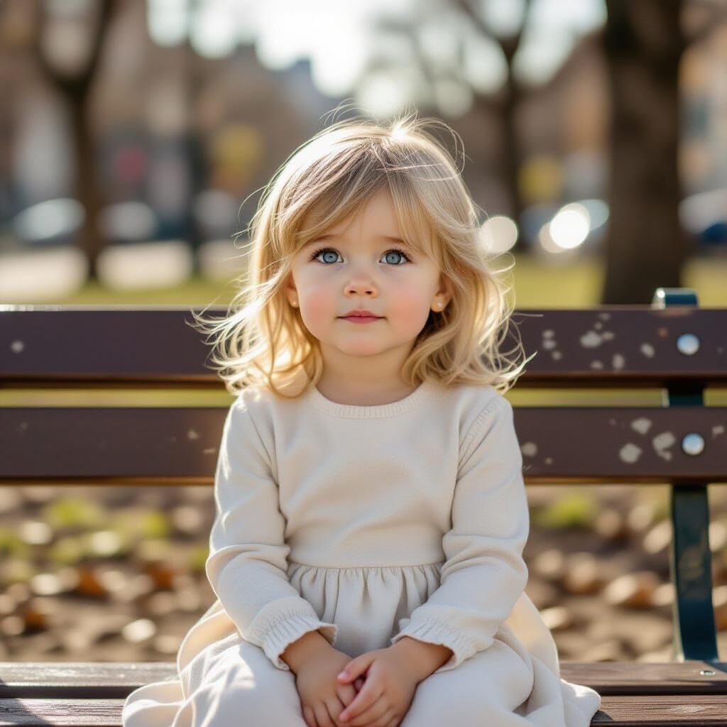 Realistic Photo of Blonde Toddler on Urban Bench