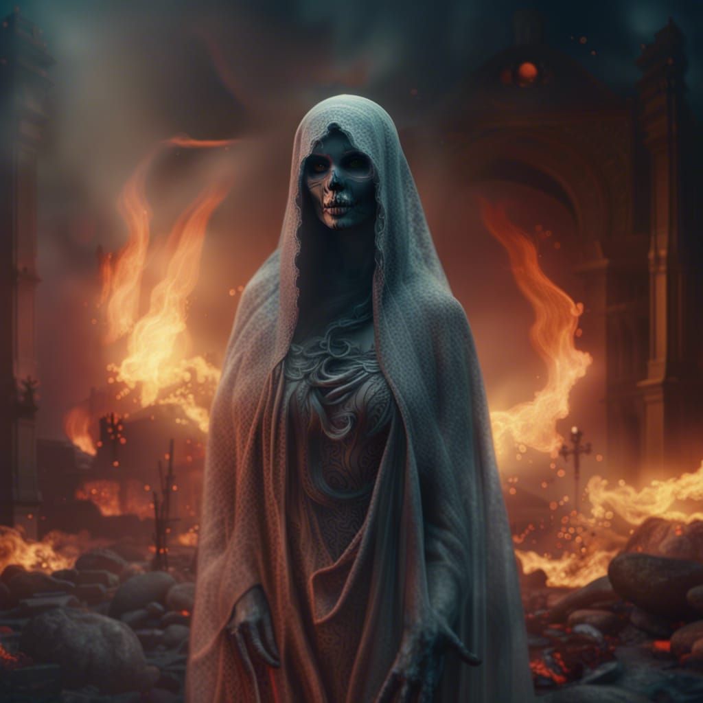 Ethereal Lady in a Burning Aftermath: Digital Painting