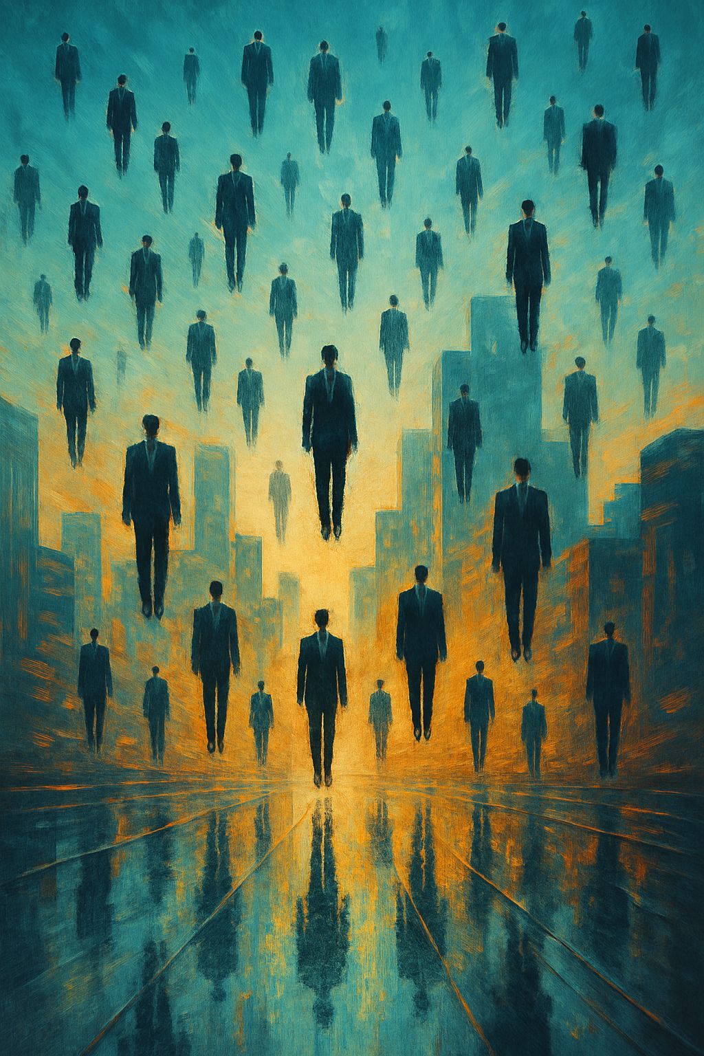 Surreal Digital Painting of Figures Levitating Over Cityscap...