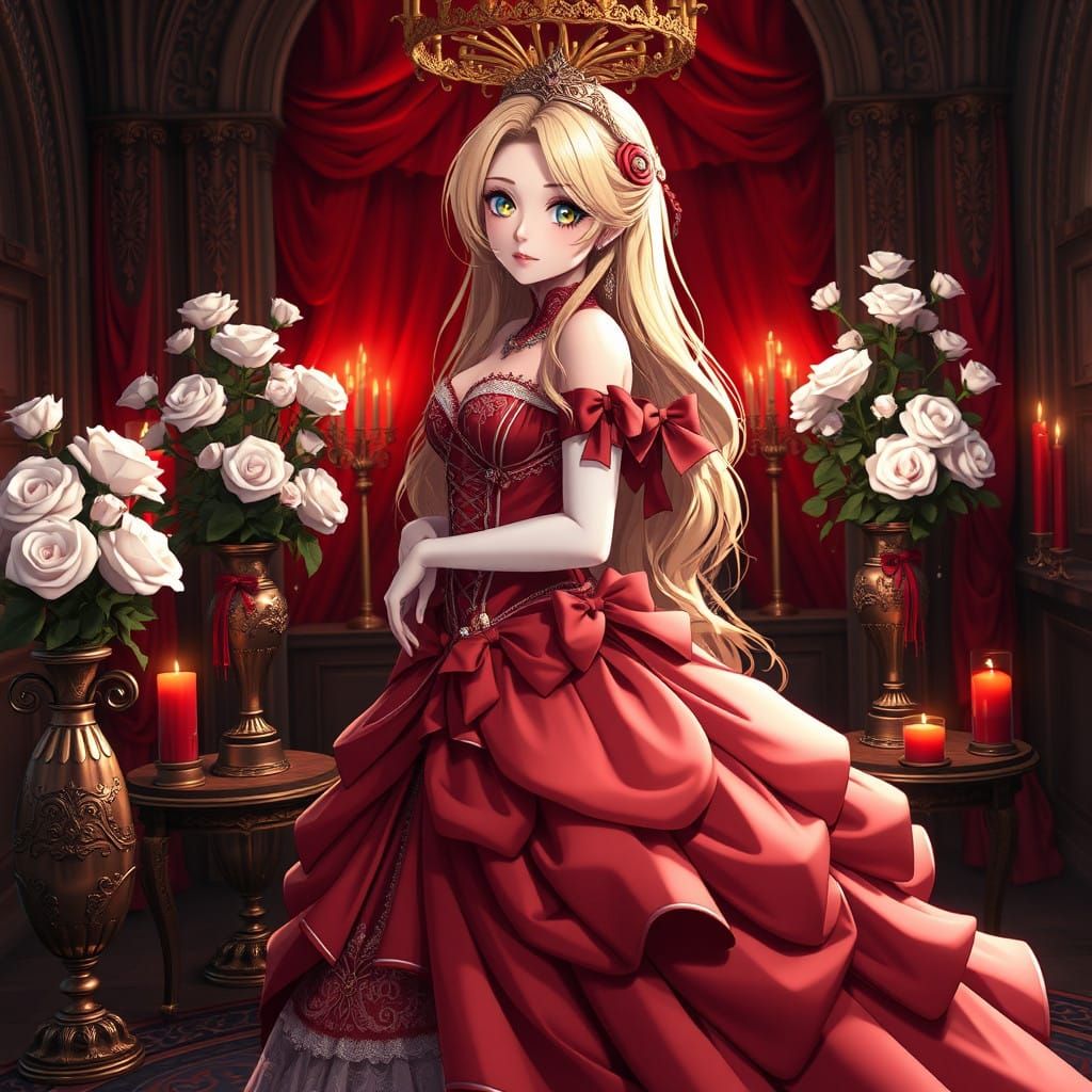 Anime Princess in Red Castle Gown