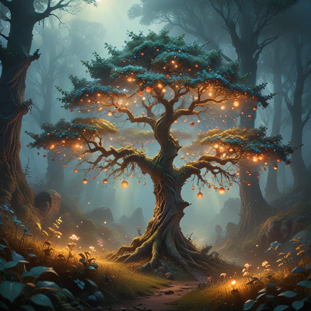 Tree of Enchanted Orbs in a Mystical Forest