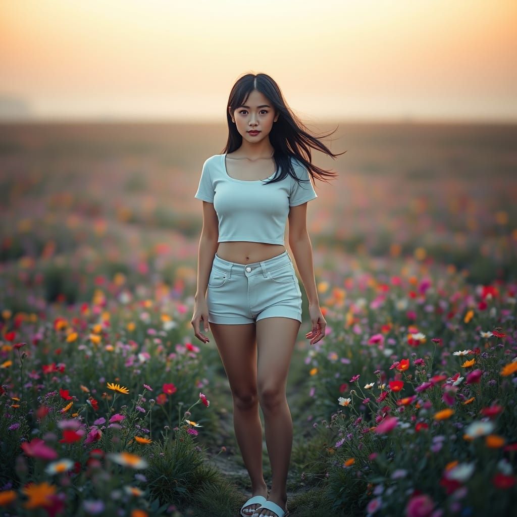 Hyperrealistic Japanese Woman in Wildflower Field at Dawn