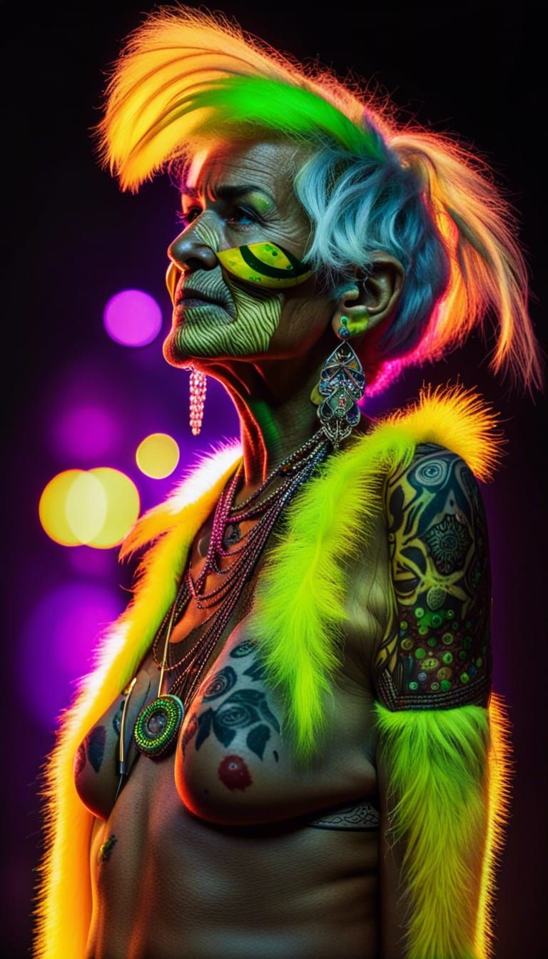 Old Woman at Disco Festival in Hyperrealistic Style