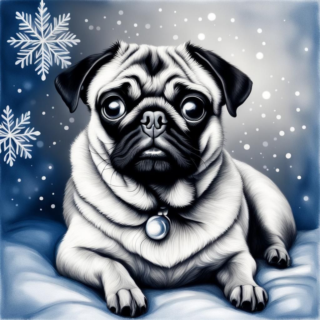 Festive Blue Christmas Pug Charcoal Drawing