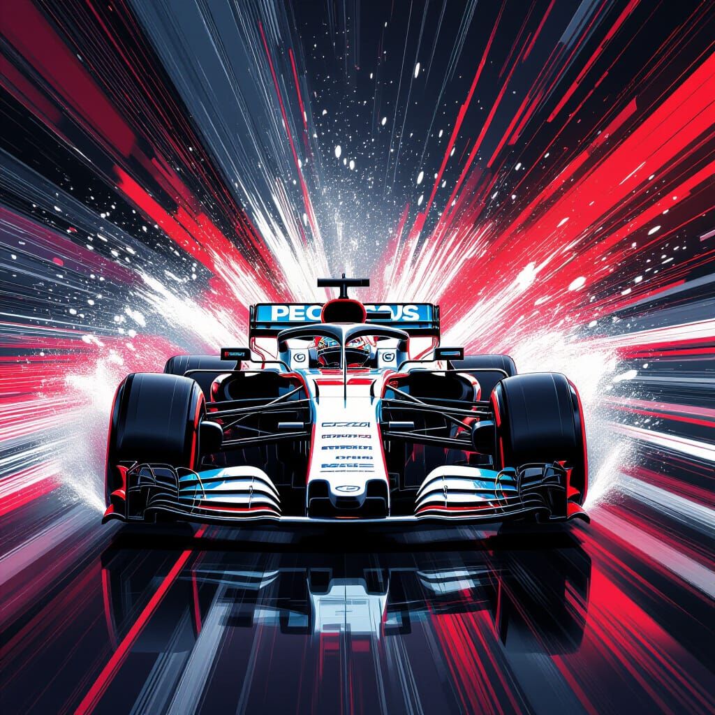 Formula One Car Dissolving in Hyperrealistic Splash Art