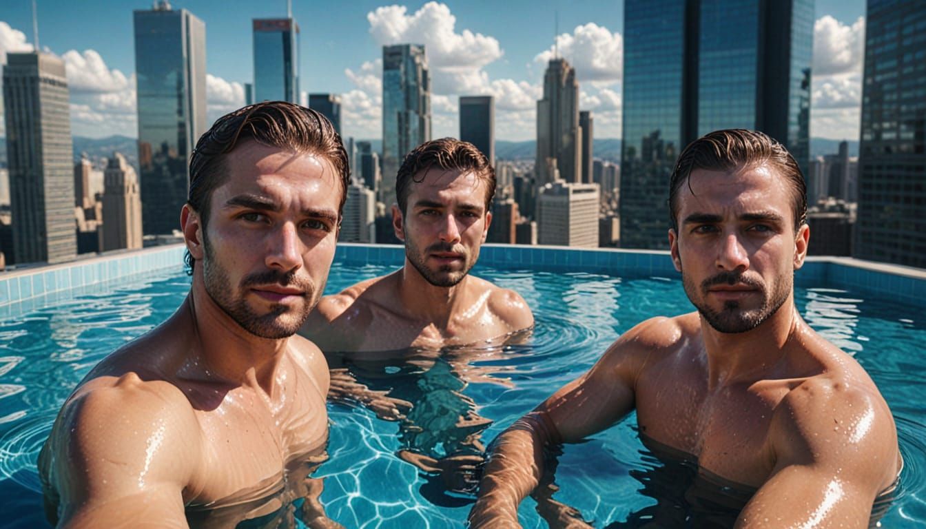 Confident Gentlemen Pose in Hyperrealistic Rooftop Pool Scen...