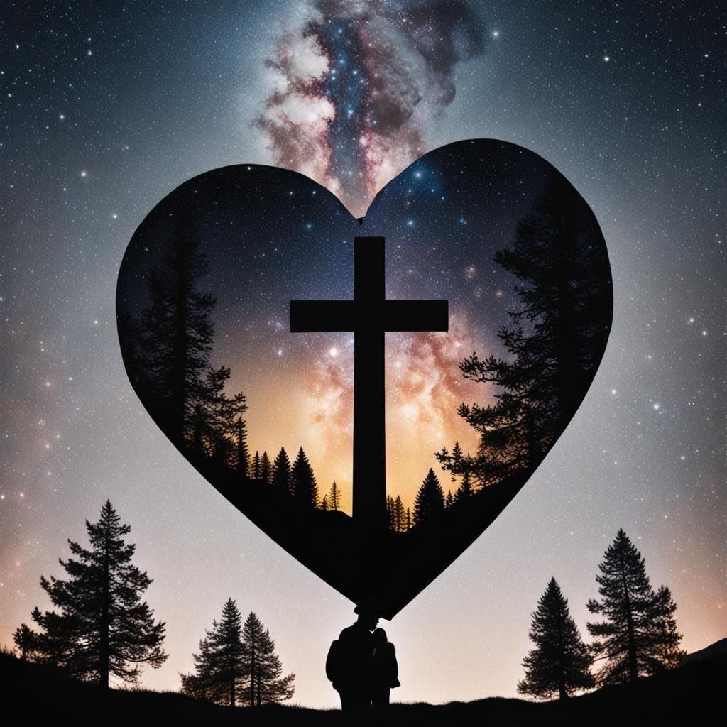 Heart and Cross Double Exposure Under Starry Sky