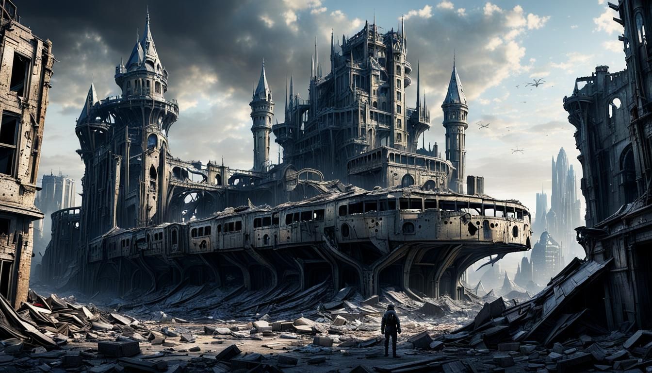 Futuristic Castle Amidst Post-Apocalyptic Ruins