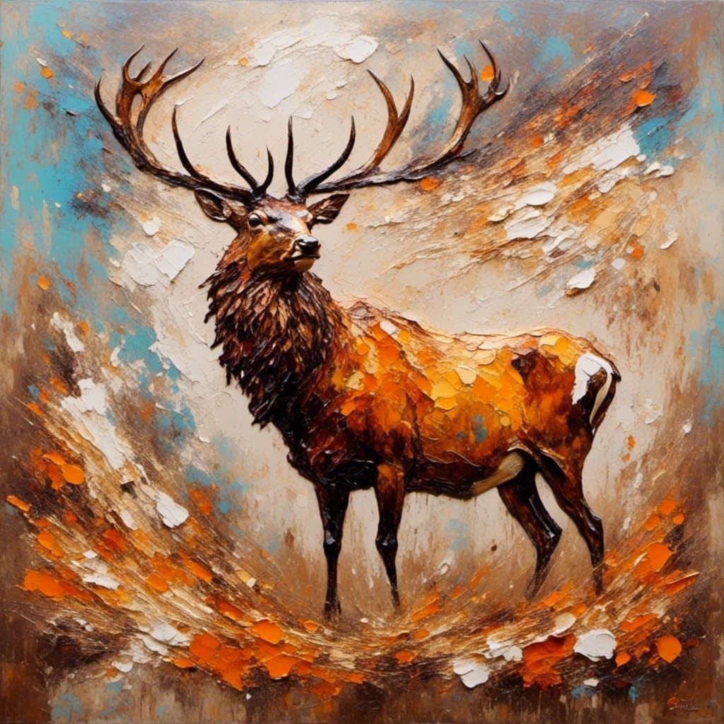Stag in Autumn Field as Impasto Painting