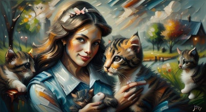 Young Woman and Kittens as Impasto Painting