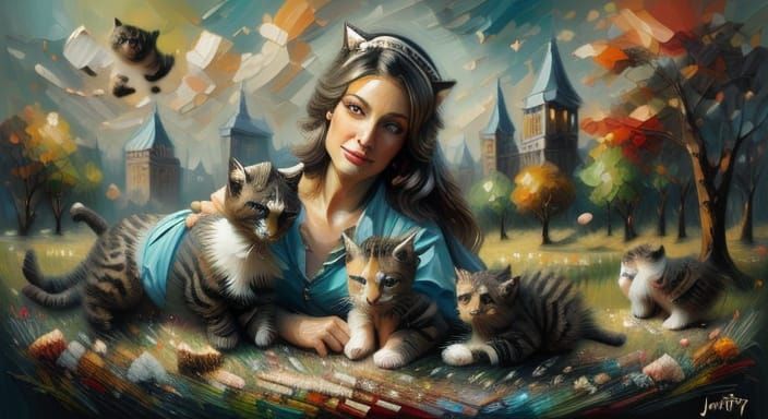 Lady with Kittens as Impasto Painting