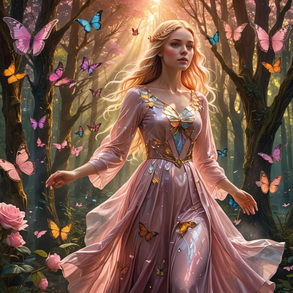 Girl in Rose Quartz Dress with Butterflies