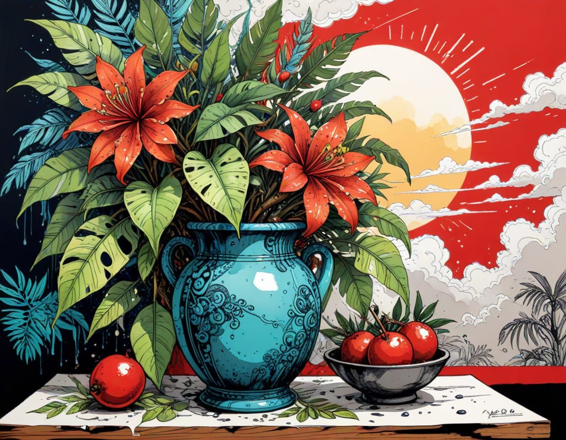 Urban Sketch of Old Tree in Quirky Caribbean Style