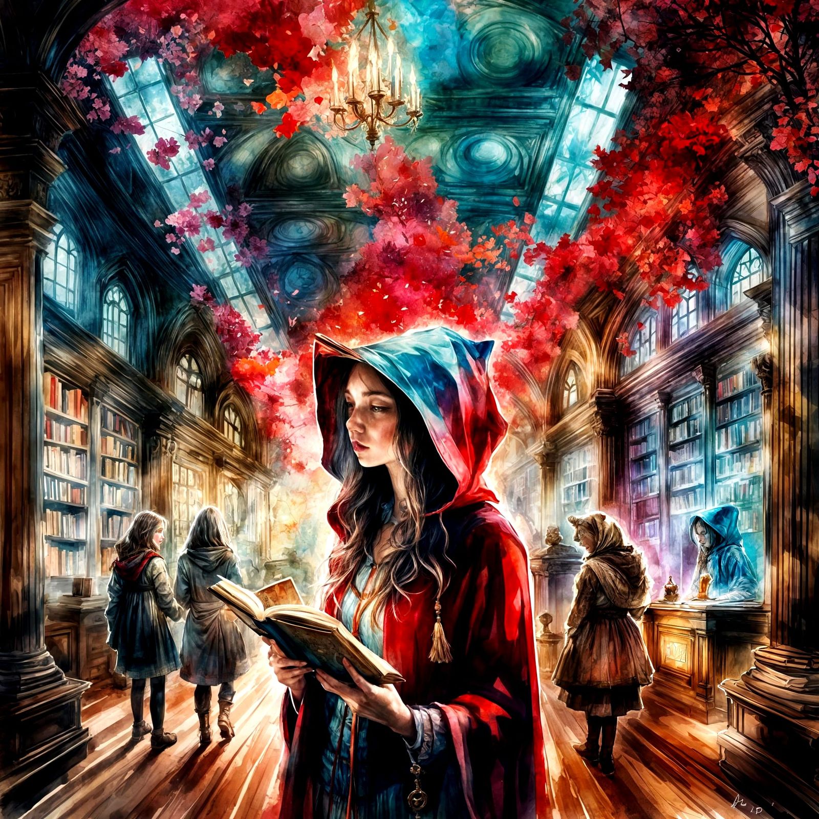 Red Riding Hood Reading: Watercolor Double Exposure