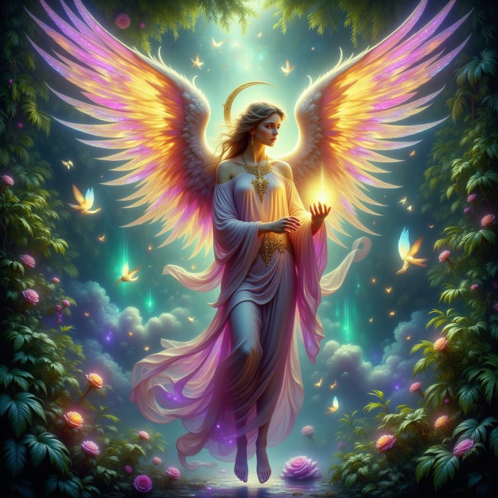 Fantasy Angel in Art Nouveau and Neon Dreamscape