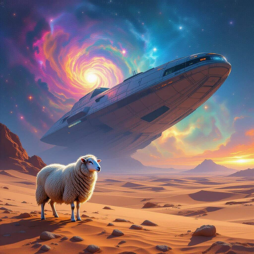 Cosmic Sheep on Alien Planet with Ancient Spaceship
