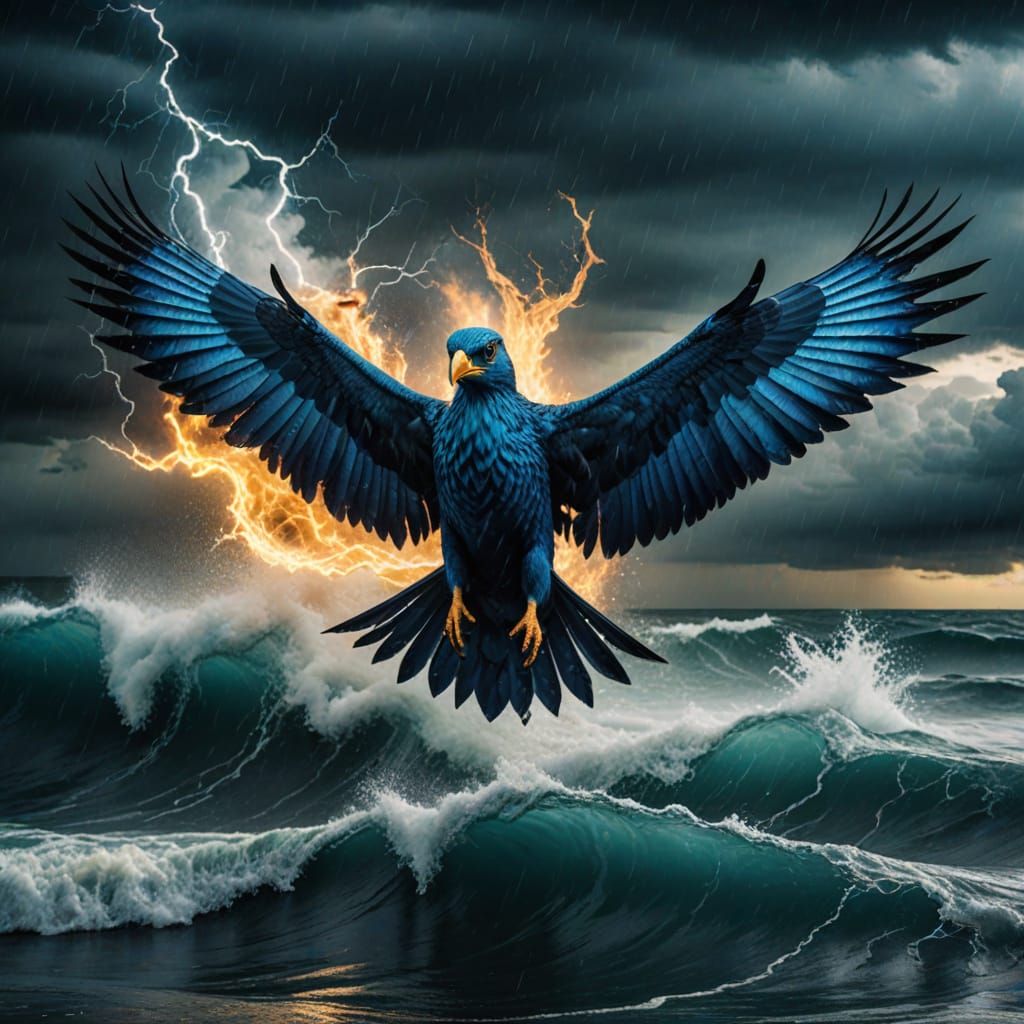 Mystic Blue Water Bird Unleashes Cinematic Storm Fury